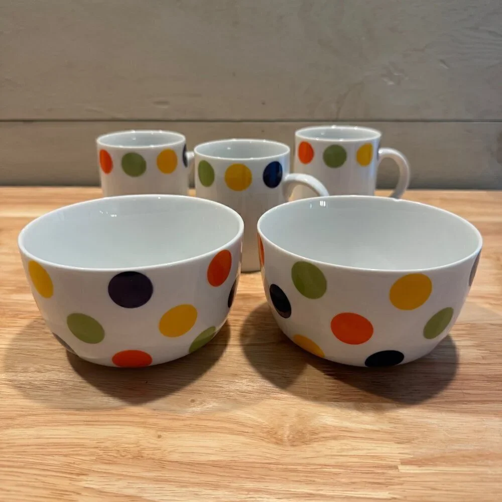CRATE AND BARREL Multicolored Polka Dots On White Coffee/Tea Mugs 3 & Bowls 2  *